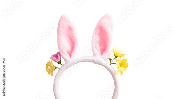 Fototapeta Cute bunny ears headband adorned with colorful spring flowers against a stark, dark background