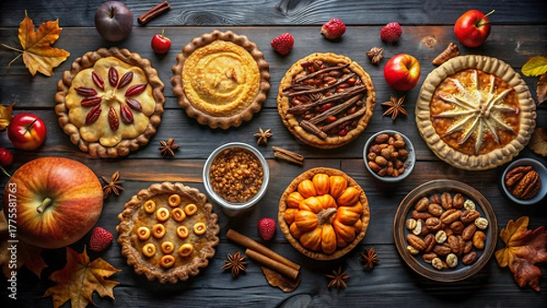 Fototapeta Overhead shot of variety of pies, apples, nuts, and spices on wood