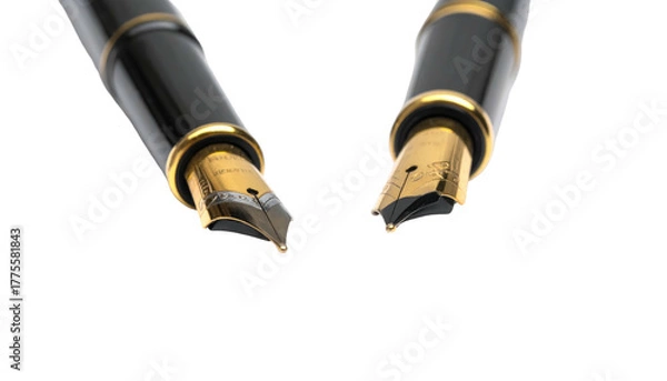 Fototapeta Two black pens with gold accents hover on a black backdrop, focused on their nibs, presenting a close-up shot