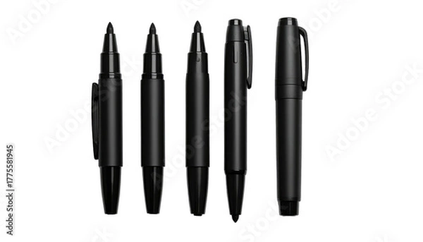 Fototapeta Five black pens of varying styles and shapes are arranged horizontally on a plain, stark black background