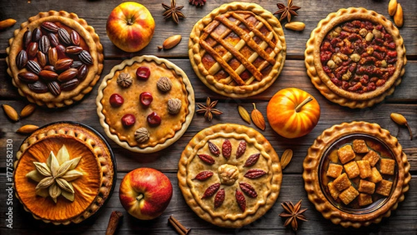 Fototapeta Overhead view of assorted autumn pies and fruits on a rustic wooden surface