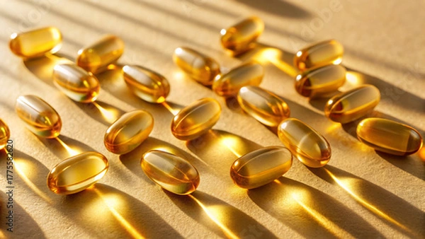 Fototapeta Close up of golden omega 3 capsules on a beige surface in sunlight