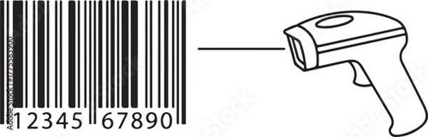 Obraz Barcode scanner scanning product code, retail checkout concept, minimalist line art, isolated on white background.