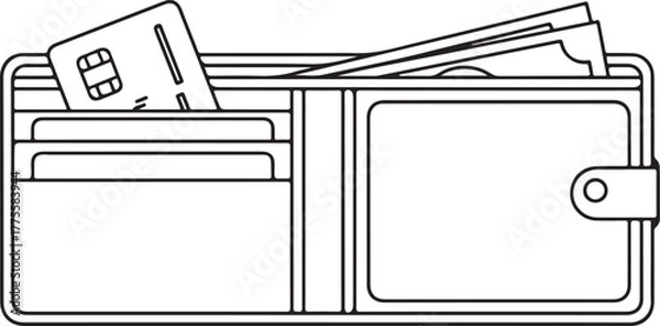 Fototapeta Open wallet with credit cards, payment concept, minimalist line art, finance and shopping icon, isolated on white.