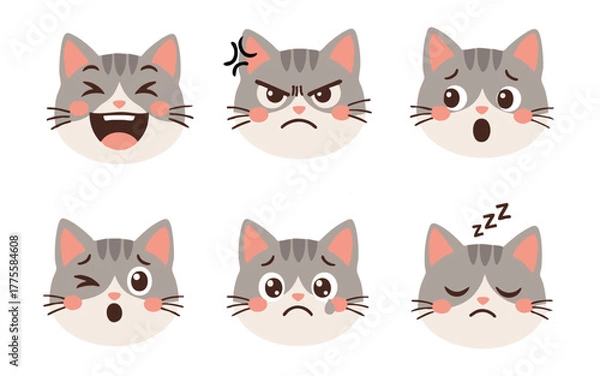 Fototapeta Cute cat stickers, logo characters, cat vector flat icons, cat emoji expressions