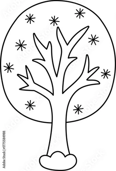 Obraz Vector black and white cartoon Christmas tree clipart covered with snow and snowflakes. Cute new year symbol illustration for kids. Winter holiday plant line icon, coloring page