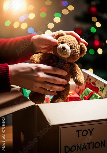 Fototapeta Hand placing teddy bear into toy donation box during Christmas  