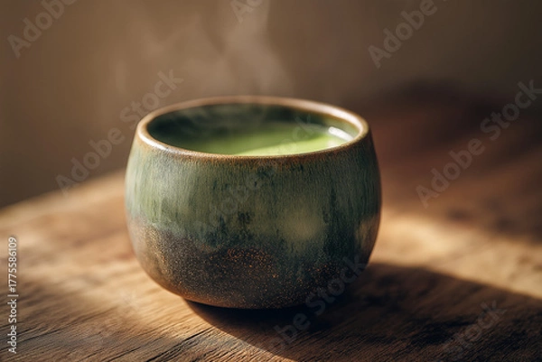 Fototapeta Green tea in a ceramic bowl on a wooden table with steam rising  
