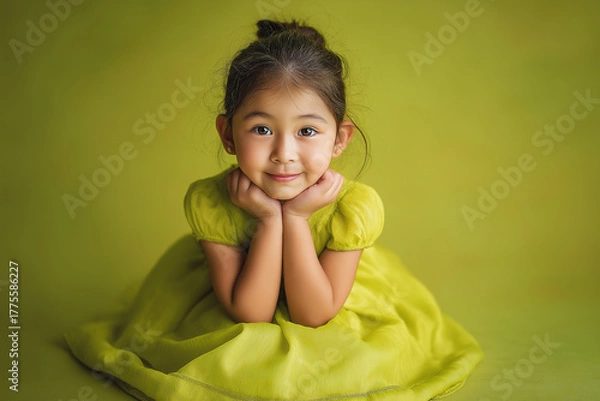 Obraz Young girl smiling while posing in a bright green dress indoors  