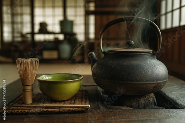 Fototapeta Traditional Japanese tea kettle with steaming bowl and whisk on table  