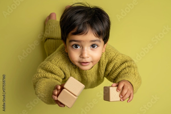 Fototapeta Young boy playing with wooden blocks on yellow background  