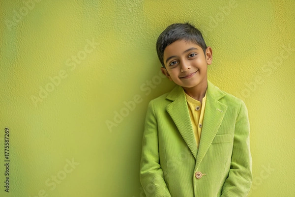Fototapeta Charming young boy smiling while leaning against green wall  