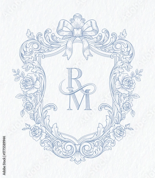 Fototapeta Baroque wedding crest with ribbon and floral ornament. Vintage monogram frame, floral emblem for wedding invitation and branding design. 