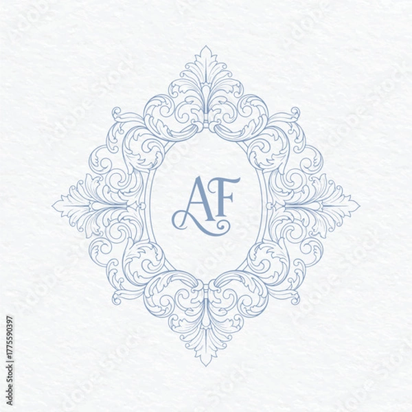 Fototapeta Ornate baroque wedding crest with scroll flourishes.