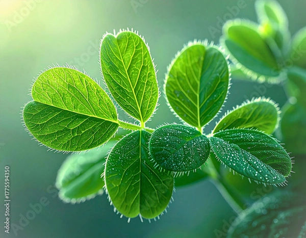 Fototapeta Macro of Compound Seedling Leaves with Morning Dew Backlight