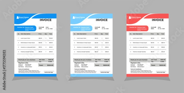 Obraz Three color variation creative invoice template design 07