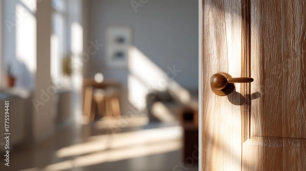 Fototapeta Sunlight streaming through an open wooden door revealing a blurred interior space with furniture