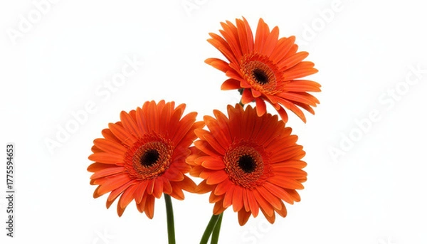 Fototapeta Three orange gerbera flowers isolated on white background in full bloom