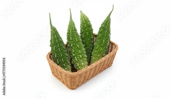 Fototapeta Bitter melons in a basket isolated on white background