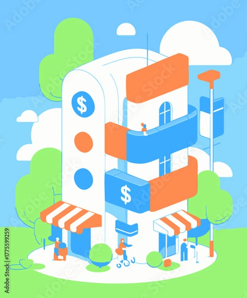 Obraz Modern Isometric Financial Building Illustration with People and Shops in Urban Environment
