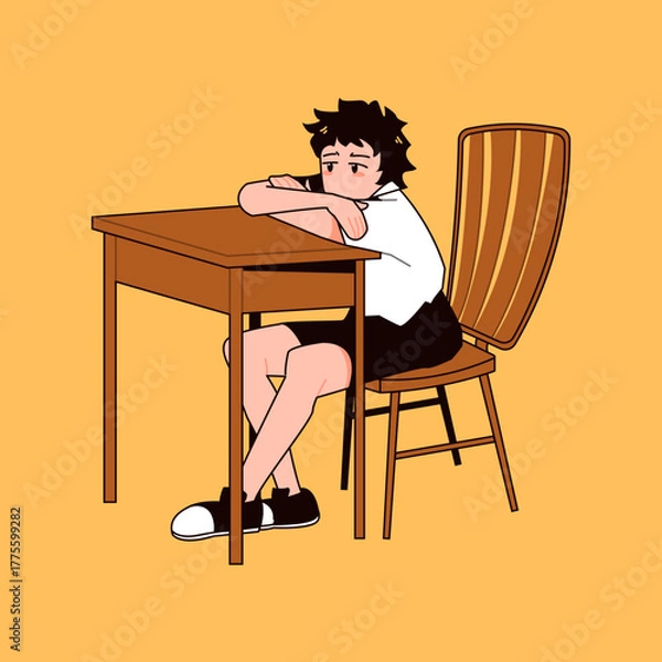 Obraz Bored or tired student resting head on desk, feeling unmotivated in a classroom. Flat vector illustration.