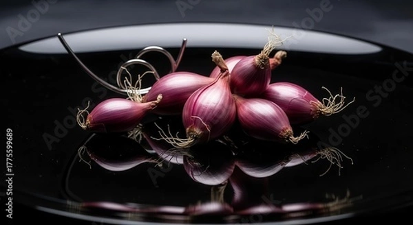 Fototapeta Elegant Composition of Red Shallots on a Black Surface with Mirror Reflection