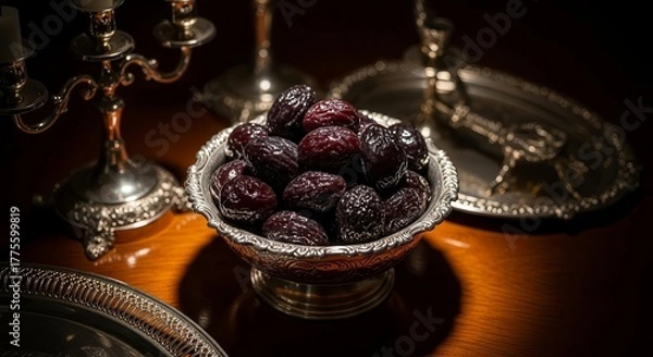Fototapeta Elegant Dates Displayed In A Silver Bowl Symbolizing Sophistication And Abundance