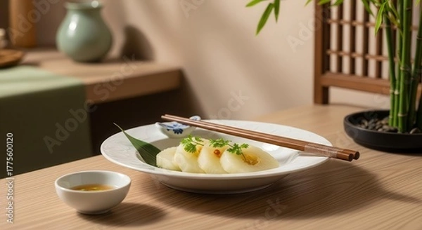 Fototapeta Elegant Eastern Cuisine With Refreshing Delightful Food Presentation Placed On Appealing Table