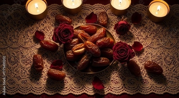 Fototapeta Elegant Feast: Dates, Roses,And Candles Create A Warm And Inviting Atmosphere