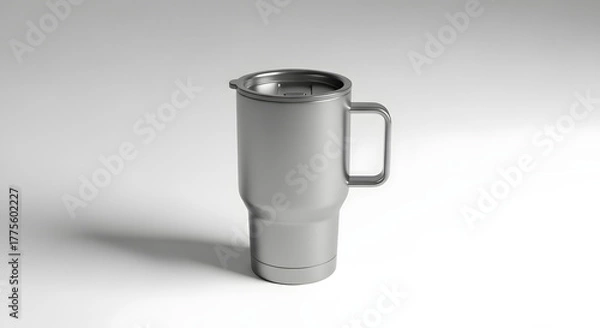 Fototapeta Sleek silver insulated travel mug with a sturdy handle and secure lid, perfect for maintaining beverage temperature, rendered on a minimalist white background