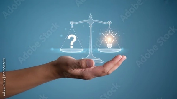 Obraz Hand Holding Balance Scale with Question Mark and Light Bulb – Decision and Idea Concept