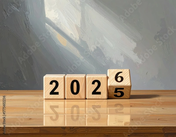 Fototapeta new years 2026 changing from 2025 to 2026 on wooden cube