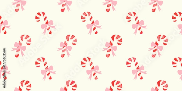 Fototapeta Whimsical pink bow candy cane pattern on cream background for holiday decorations