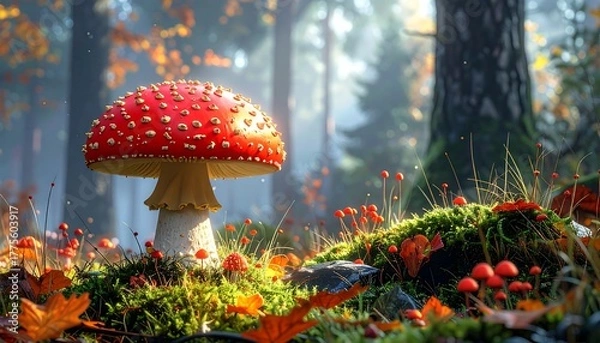 Fototapeta Enchanting forest scene featuring a vibrant red-capped mushroom and autumn foliage