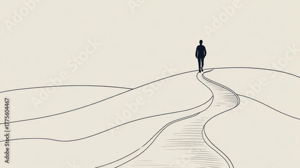 Fototapeta Man walking solitary path desert landscape