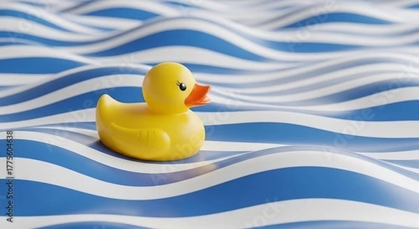 Fototapeta Yellow rubber duck toy floating on blue water in the bath for fun play