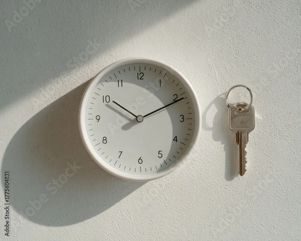 Fototapeta Clock and keys on white wall