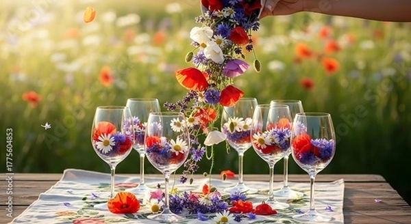 Fototapeta Crystal glasses with red and white wine are a luxury setting for a celebration dinner with flowers in a glass on the table