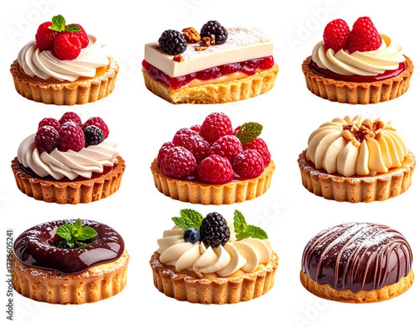 Fototapeta Assortment of Delicious Pastries with Cream, Nuts, and Berries on Transparent Background.