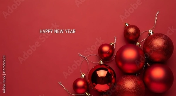 Fototapeta Shiny red Christmas baubles and gold ornaments on a vibrant red background, perfect for holiday celebration and winter season decoration