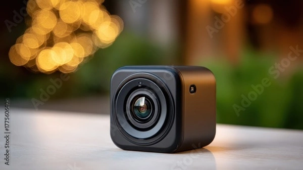 Obraz Compact black action camera with wide angle lens set against a blurred outdoor background