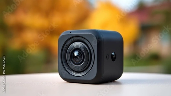 Obraz Compact black action camera with wide angle lens sits on a table outdoors