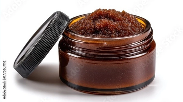 Obraz Open jar of rich brown exfoliating scrub with a textured black lid on a white background