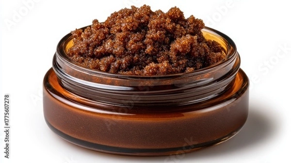 Obraz Small glass jar filled with rich dark brown textured food paste or spread