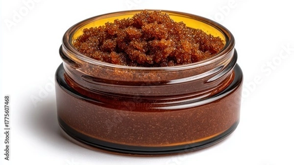 Obraz Small glass jar filled with rich textured red chili paste or sauce on a white background