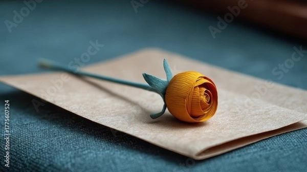 Obraz Single delicate yellow rosebud with green stem resting on textured paper