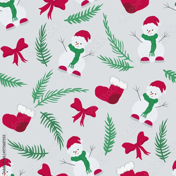Fototapeta Christmas vector seamless pattern. New Year background with snowman, ribbon,  tree,  Santa. Holliday wallpaper. Template for print, banner, web, gift.