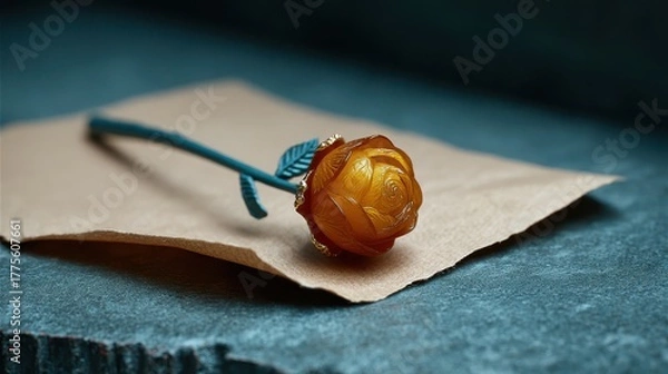 Obraz Single dried orange rose on aged paper with textured background