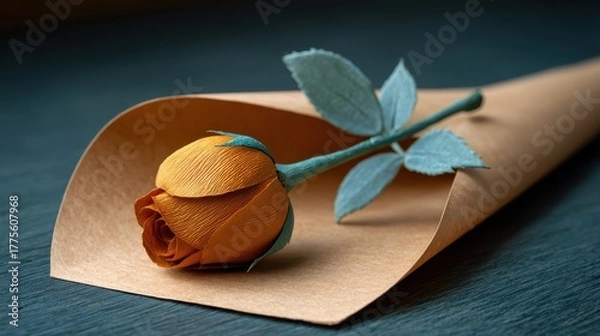 Obraz A single dried orange rosebud wrapped in brown paper on a dark background