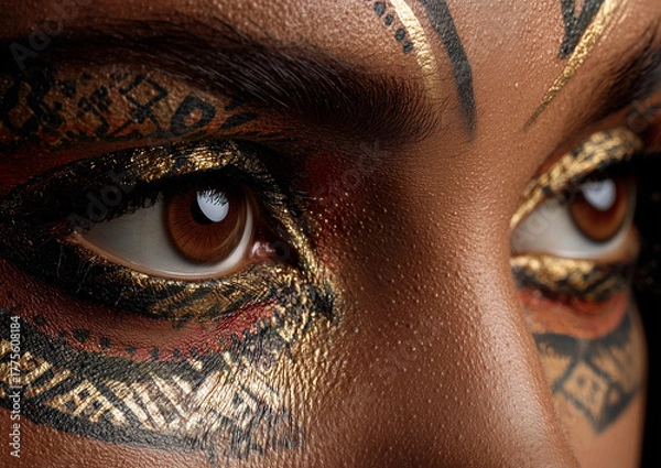 Fototapeta Close-Up of Eyes with Golden Tribal Artistic Makeup